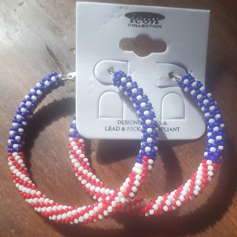 Red White And Blue Beaded Hoop Earrings